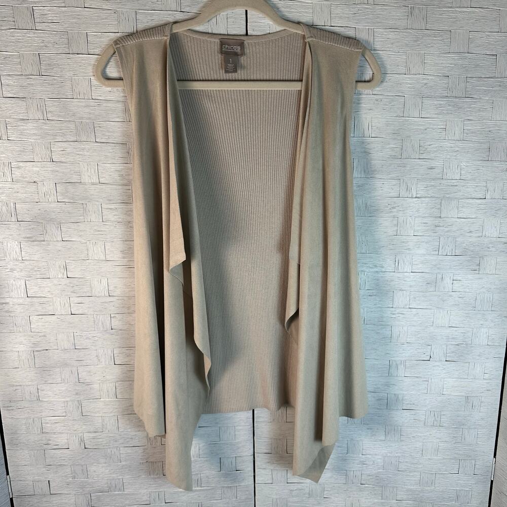 Chico's vest suede like waterfall front knit back dark cream, travel preppy